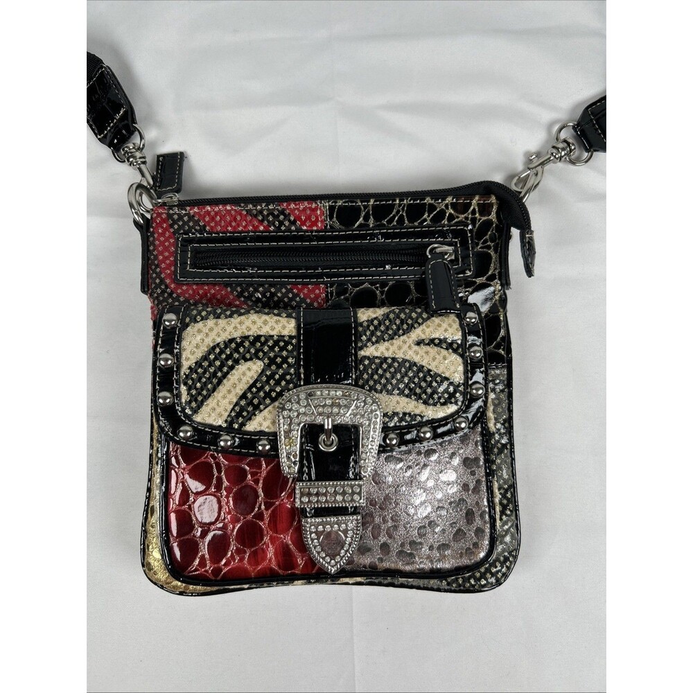 Rhinestone Studded Patchwork Buckle Crossbody Bag Zebra Black Red